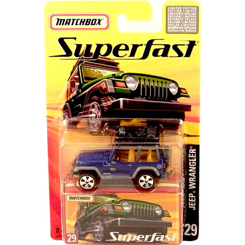 Coleção 2005 Matchbox Superfast Jeep Wrangler azul metálico #29 H7761 escala 1/64